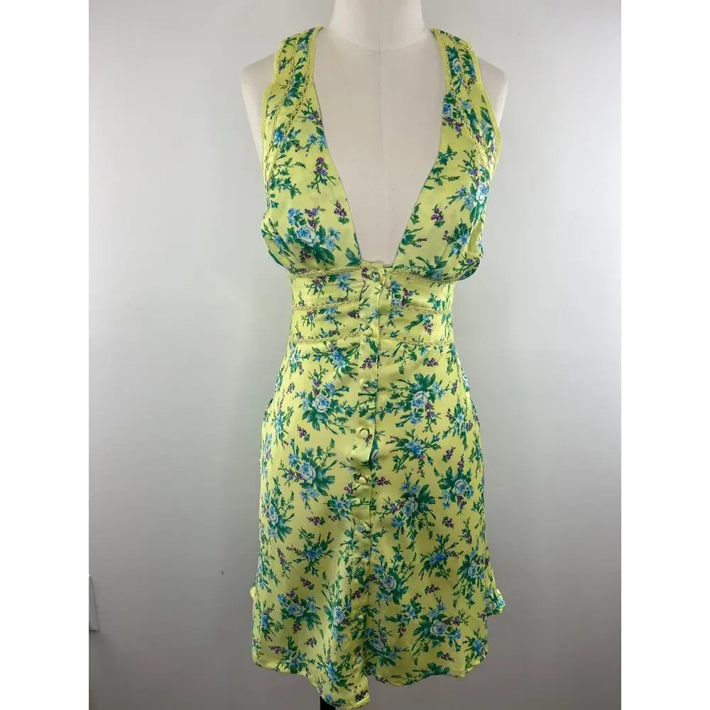 ASOS Design NEW Satin Mini Dress Lace Trim Button Front Yellow Ditsy Floral Sz 2